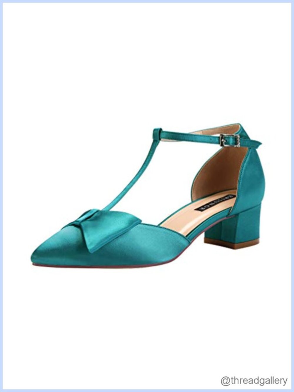 ERIJUNOR Satin T-Strap Pointy Toe Low Chunky Heel Wedding Shoes